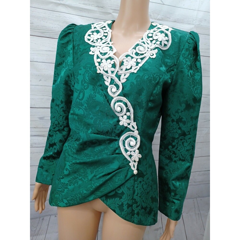 Vtg Scott McClintock Womens Victorian Green Blouse Jacket Applique Embossed S